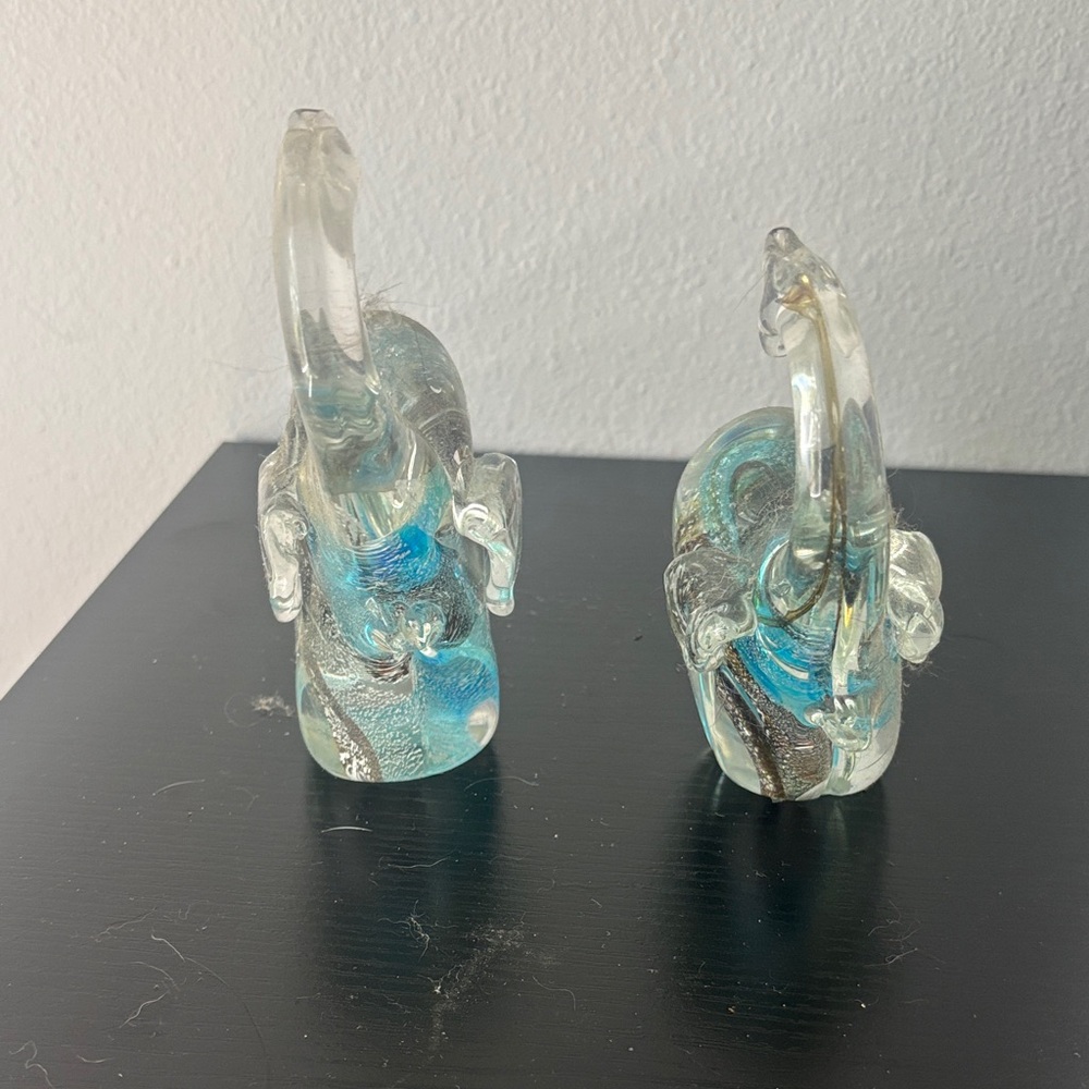 Glass Elephant Figurines with Blue Accents